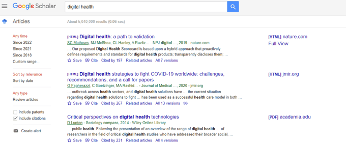 Articles for desk research: Google Scholar screenshot